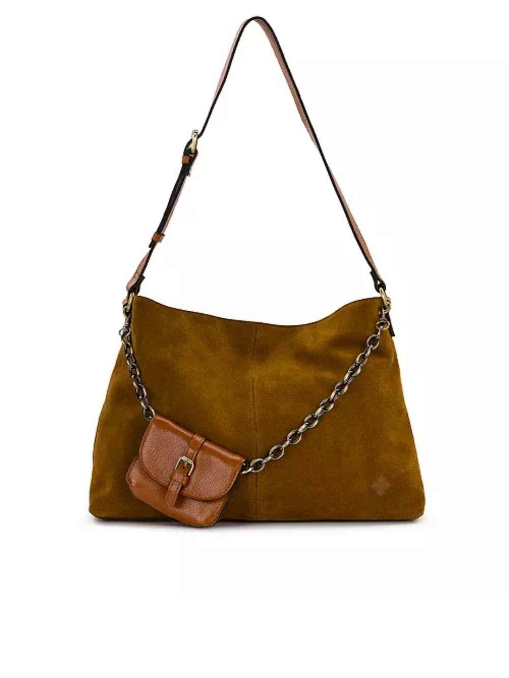 Patricia Nash Brown Suede Shoulder Bag W/ Brown Leather Pouch On Gold Chain NWT